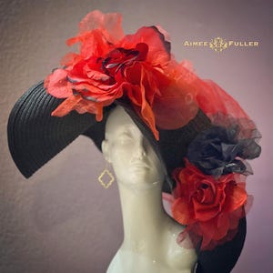 Kentucky Derby Hat, High Tea Hat, Red and Black Large Brim Hat, Red Rose Bridal Hat, Breeders Cup Hat, Del Mar Royal Ascot Hat Melbourne Cup