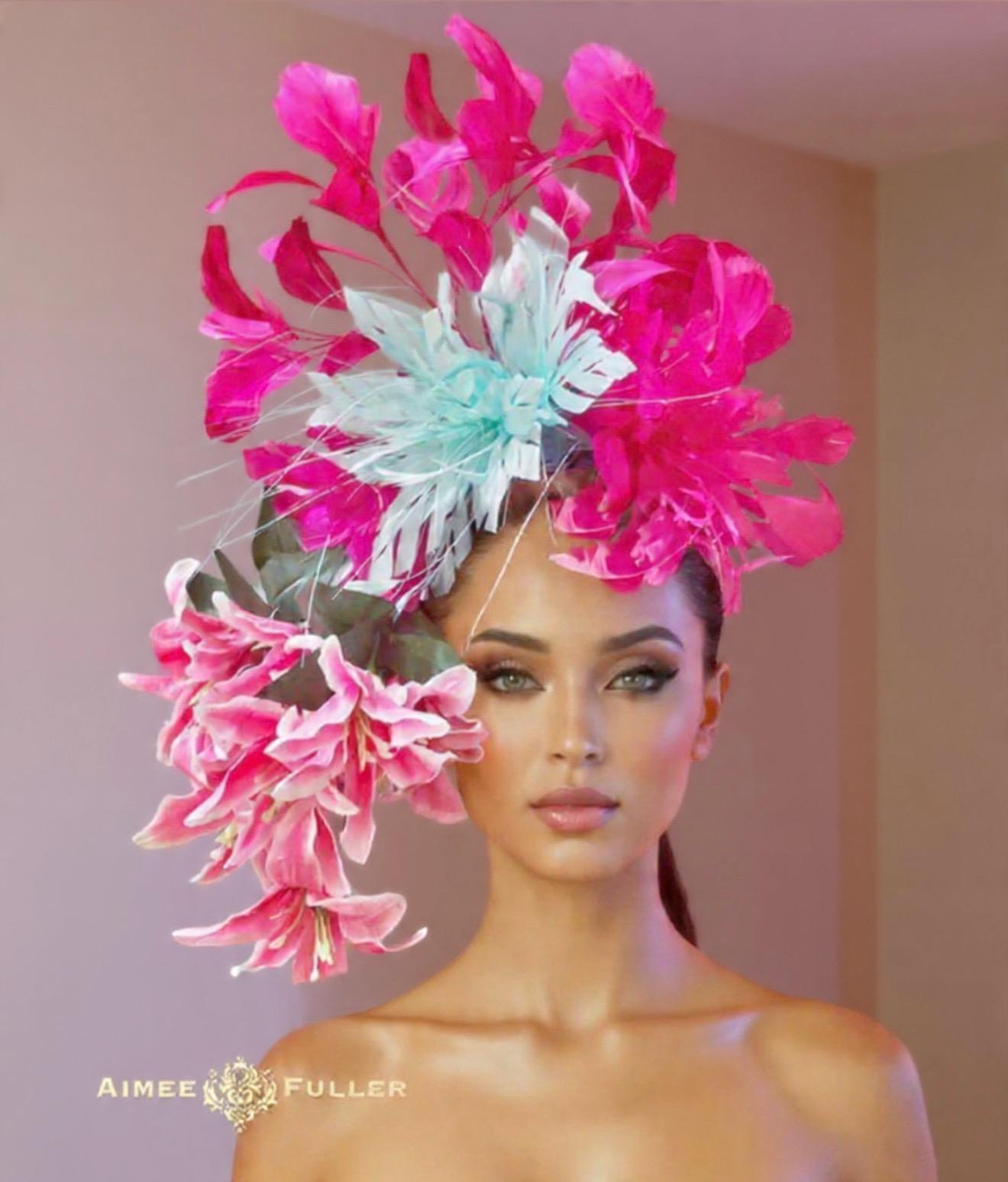 Pink Floral Stargazer Lily Fascinator Feathers  Beaded Headband KY Oaks Headwear kentucky derby hat fascinator crystal rhinestone jewel  main image 2