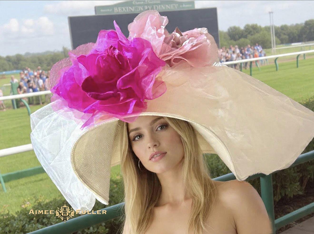 Pink & Teal Derby Hat Fuchsia Feather Aqua & Magenta Pink Floral Details 18”Brim Make a statement at the Kentucky Derby with this exclusive  main image 3
