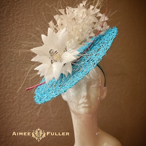 Kentucky Derby Hat Fascinator, Pink Turquoise Blue Cream Feathered Hat, Easter Hat, Del Mar Races Opening Day Hat Royal Ascot Hat Fascinator