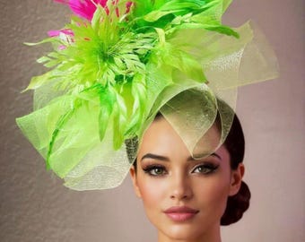 Kentucky Derby Hat Fascinator, Lemon Lime Feather Hat, Olive  display picture 3