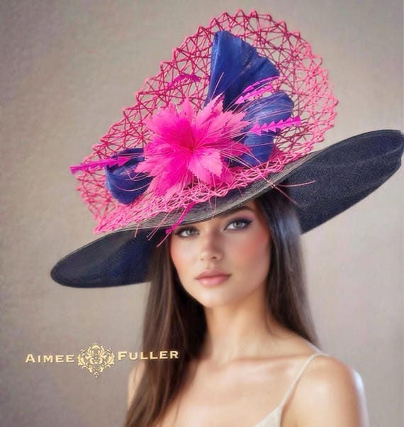 Kentucky Derby Wide Brim Hat, Fuchsia Hot Pink Blue Black  display picture 3