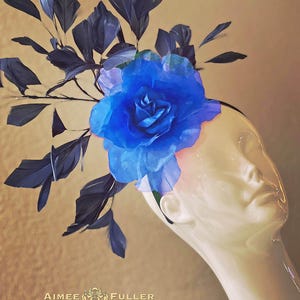 Kentucky Derby Hat, Navy Blue Bridal Fascinator, Midnight Royal Blue Silk Rose Flower Royal Ascot Hat Fascinator Melbourne Cup Breeders&#39; Cup