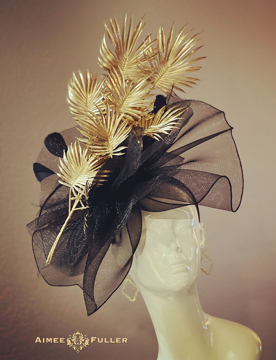 Aimee Fuller Black Fascinator Hat Gold Palm Leaf Bridal High - Etsy