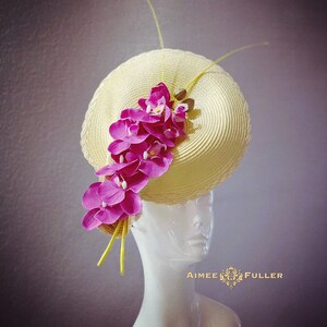 Kentucky Derby Hat, Fuchsia Fascinator, Big Fuchsia Pink Derby Fascinator, Pale Yellow Hat, Royal Ascot Hat, Oaks Hat, Floral Hat, Orchids