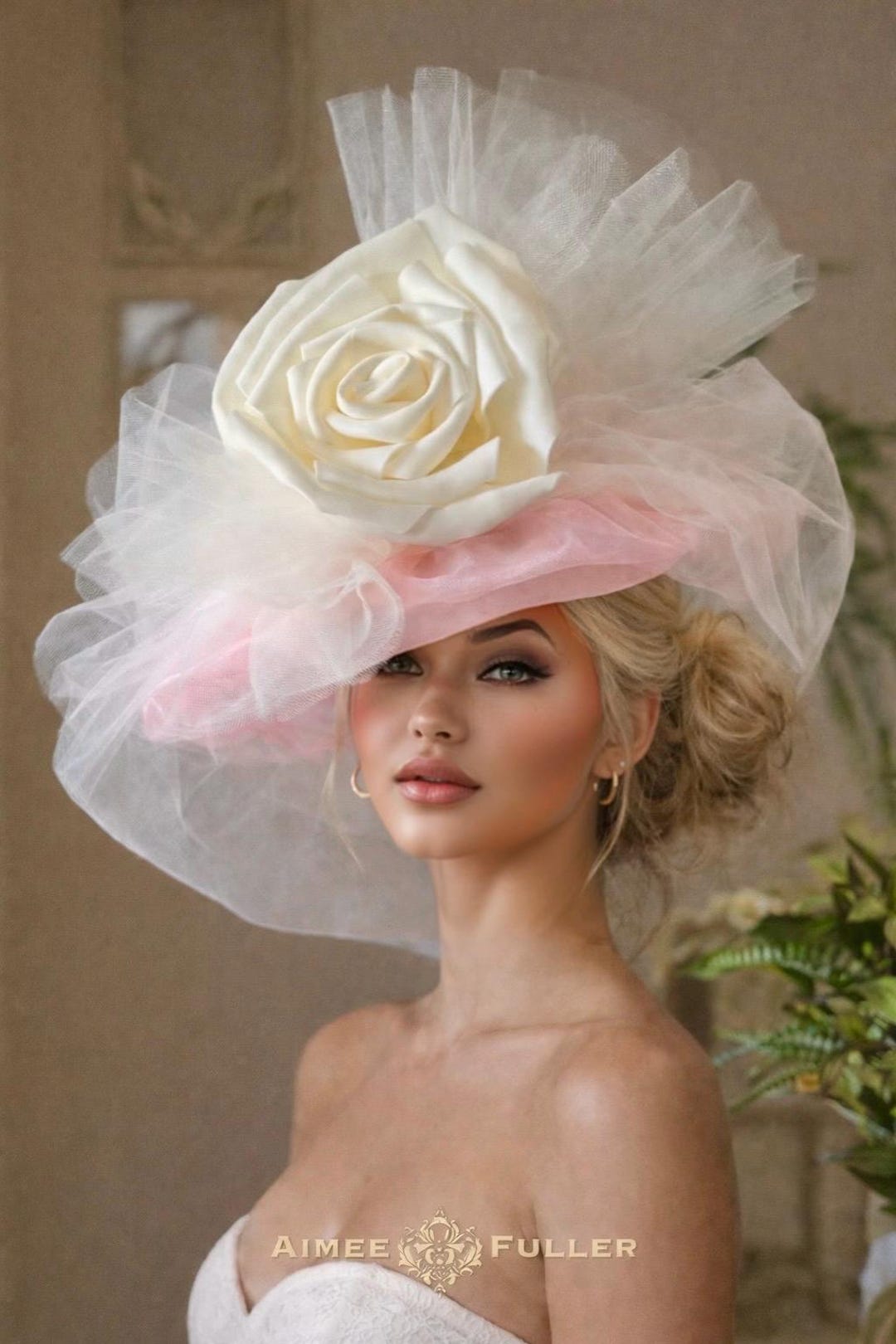 Kentucky Derby Hat, off White Pink Large Rose Easter Hat  display picture 3
