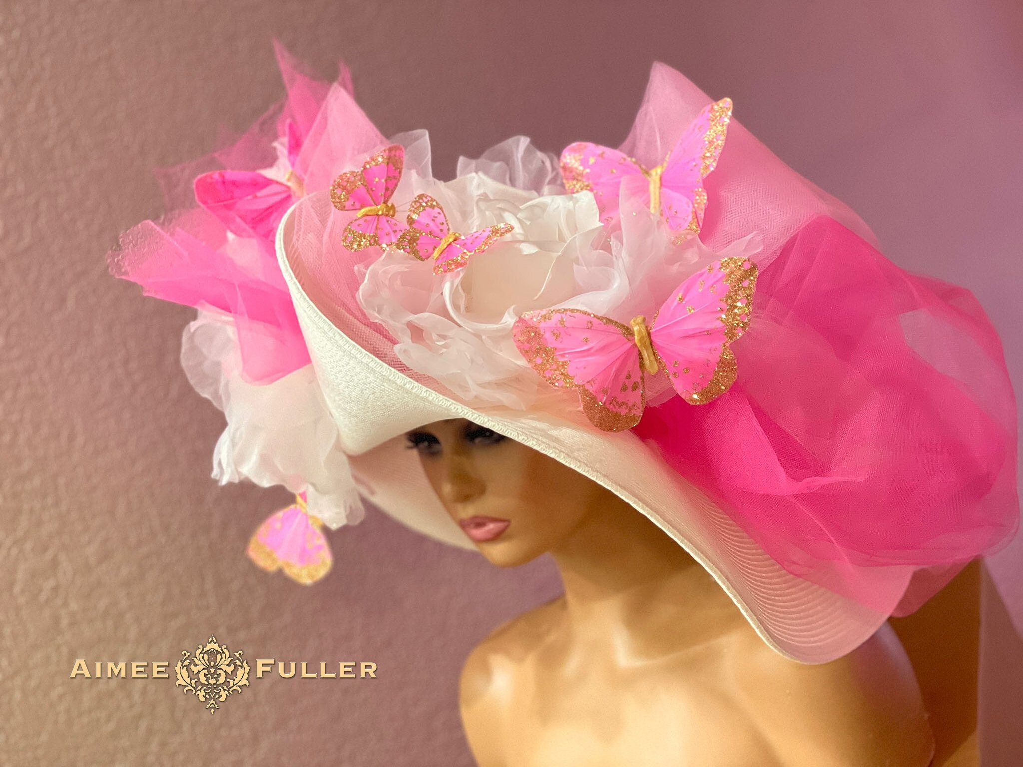 Hot Pink Kentucky Derby Hat, High Tea White Cream Derby Hat, Kentucky Derby Hats for Women, Big Butterfly Hat Pink, Easter Royal Ascot Hat