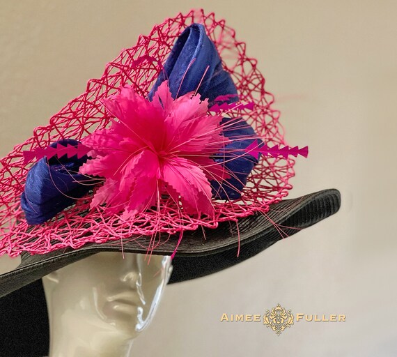 Kentucky Derby Wide Brim Hat, Fuchsia Hot Pink Blue Black  display picture 1