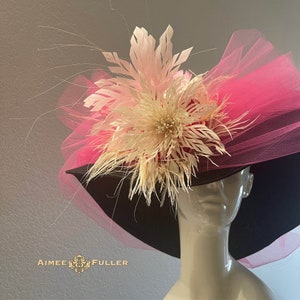 Kentucky Derby Hat, Wide Brim Pink Cream Black Church Hat, Easter Hat, High Tea Del Mar Races Opening Day Hat, Royal Ascot Hat, Breeders Cup