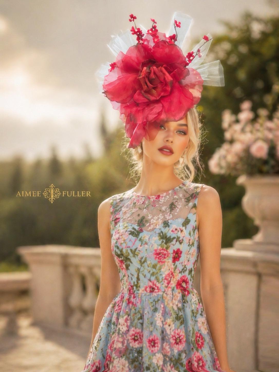 Red Ruffle Ascot Kentucky Derby Hat Fascinator, High Tea Cocktail Hat, Pink Ruffled ...
