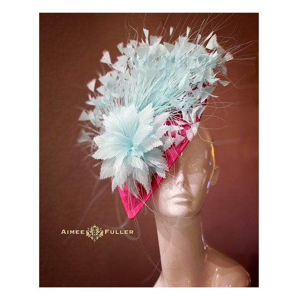 Kentucky Derby Fascinator, Royal Ascot Hat, Lipstick Pink Hot Pink Hat with Mint Green Aqua, Bridal Hat, Church High Tea Hat, Del Mar Hat