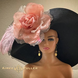 Kentucky Derby Hat, High Tea Black Large Brim Hat, Giant Pink Flower Bridal Easter Del Mar Races Galas Royal Ascot Melbourne Cup Church Polo