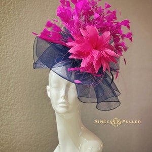 Kentucky Derby Hat Fascinator, Navy Blue Royal Ascot Fascinator, Feathered Hot Pink Fuchsia Bridal Hat, High Tea Hat, Blue Melbourne Cup Hat