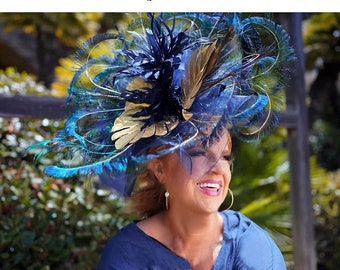 Aimee Fuller Kentucky Derby Hat, Navy Blue Fascinator, Huge Peacock Hat, Gold Palm Leaf High Tea Del Mar Races Melbourne Cup, Ascot Hat