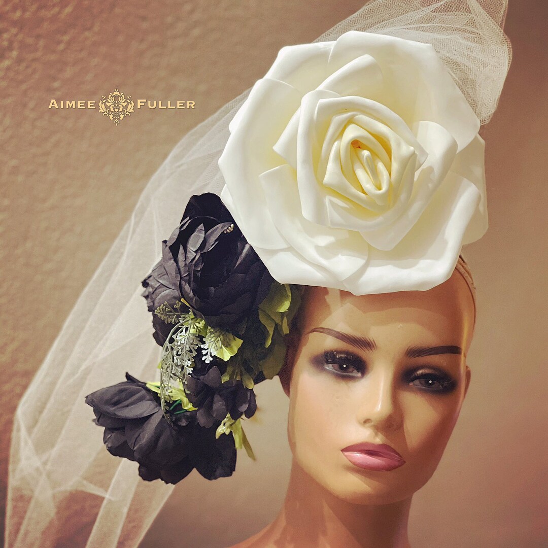 Rose Bridal Veil Hat, Cocktail Hat, Ivory off White Cream Fascinator, Kentucky Derby Hat, Black