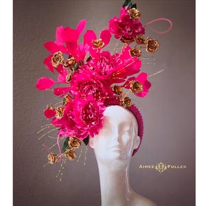 Kentucky Derby Fascinator, Hot Pink Floral Rose Feather Hat, Shocking Pink Fuchsia High Tea Hat, Royal Ascot Hat, Cream Melbourne Cup Hat