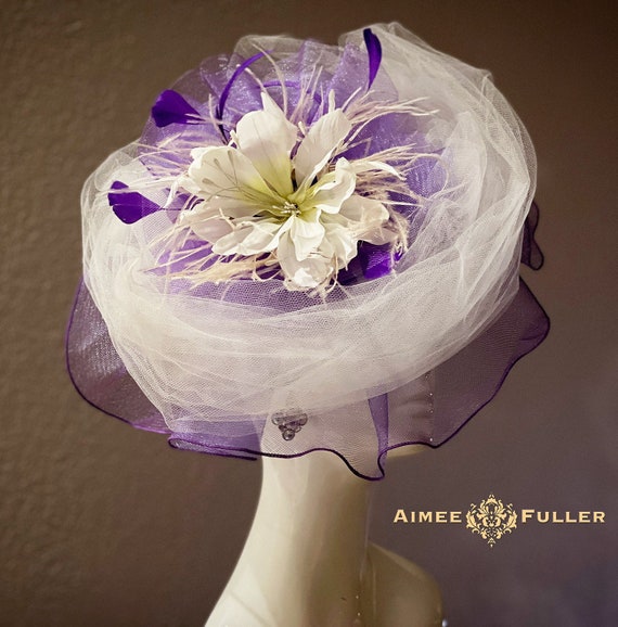 Kentucky Derby Hat Fascinator, Purple Fascinator, Cream  display picture 2