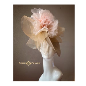 Kentucky Derby Hat, Dark Sand and Pink Rose, Big Derby Fascinator, Bridal Fascinator, Royal Ascot Hat, Beige Tan Neutral Derby Hat, Del Mar