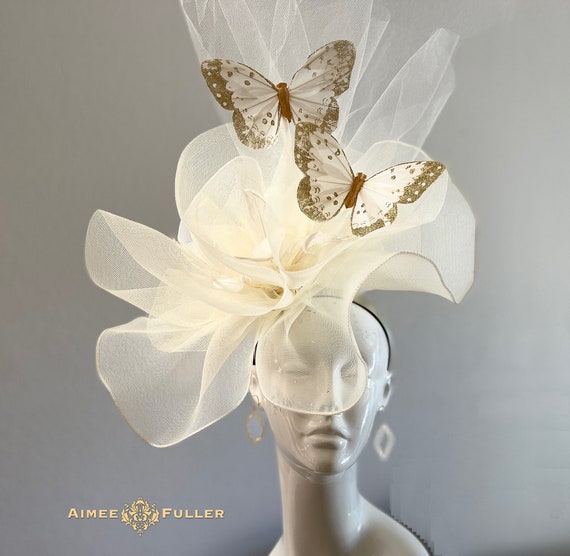 Kentucky Derby Hat, Butterfly Hat, Bridal Veil, White Cream  display picture 1