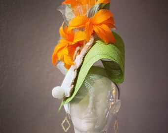 Easter Hat, Fun Easter Bunny Fascinator Hat, Kentucky Derby Hat Fascinator, Green Leaf Mint and Orange Carrot Spring Hat, Royal Ascot Hats