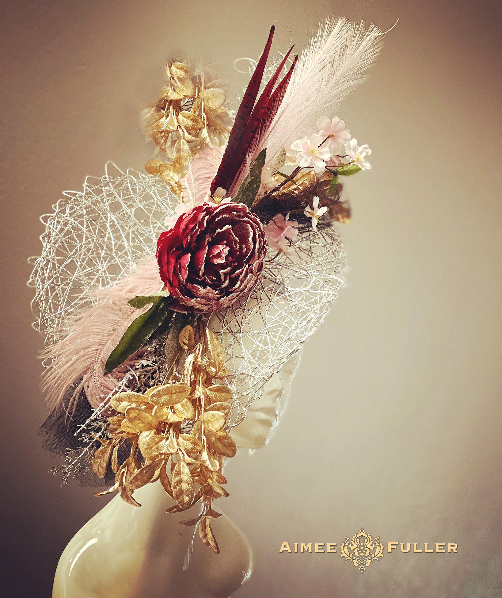 Kentucky Derby Oaks Gold Floral Fascinator Hat with Pink Floral Large Gold Leaf kentucky derby hat fascinator white satin base with,dusty  main image 3