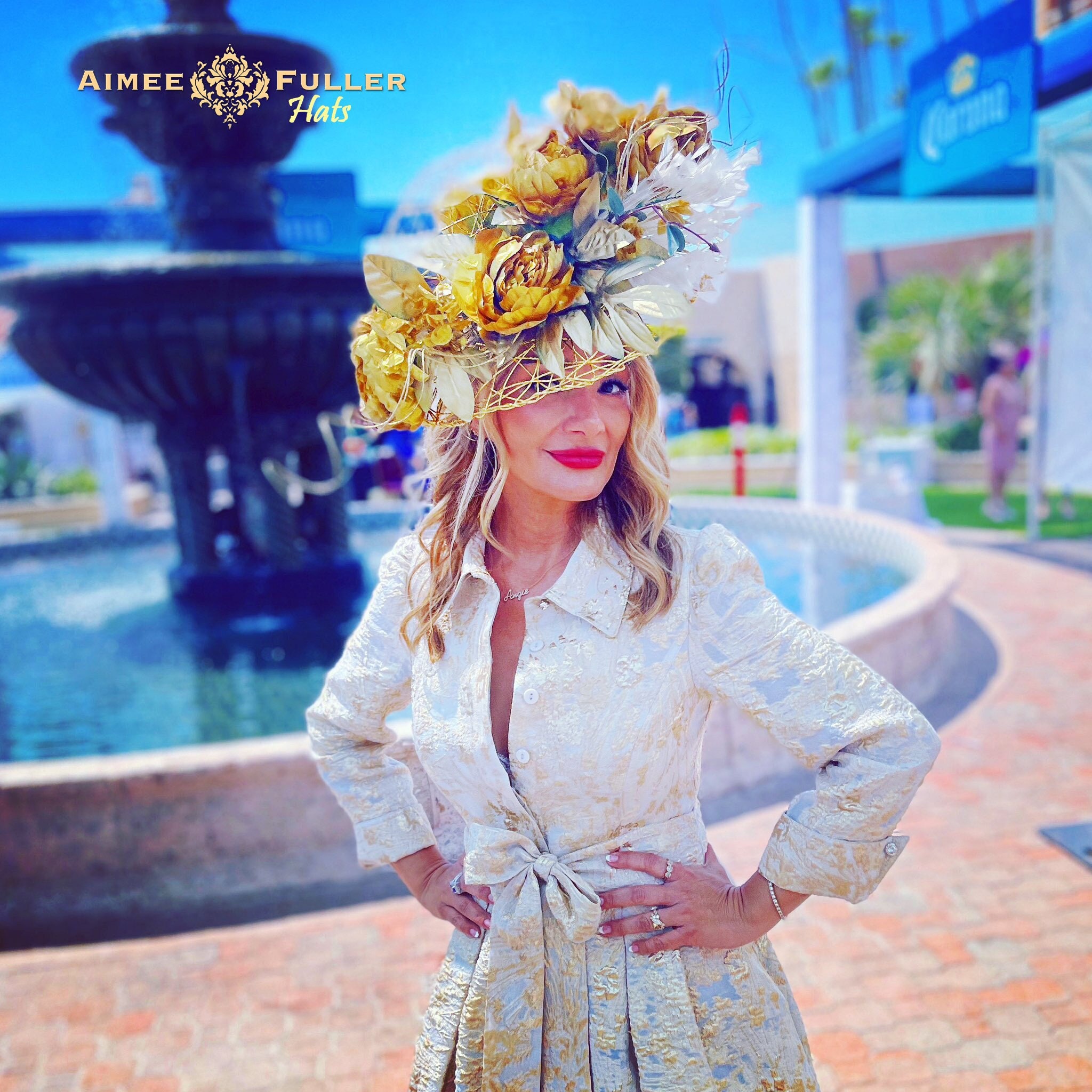 Shimmery Golden Kentucky Derby Hat (008) Wide Brim Sinamay Derby Hat: Ivory, Taupe, and Gold Feather  main image 4