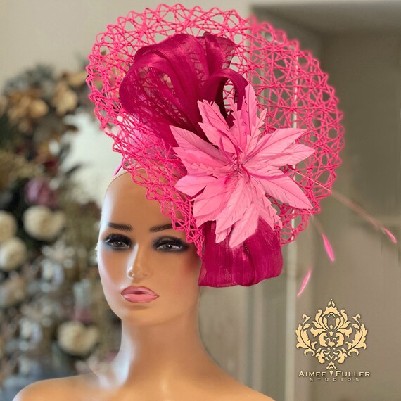 Kentucky Derby Hat Bold Hot Pink Feather Rose Fascinator Statement Netting Veil il_fullxfull.6466282625_m9e9.  main image 3