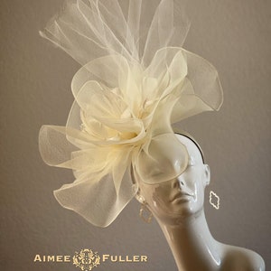 Kentucky Derby Hat Bridal Veil White & Cream Fascinator Ruffled Crinoline Wedding Headpiece Del Mar Hat Easter Hat, Royal Ascot Fascinator