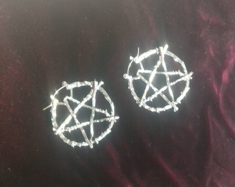 Rustic Pentagram Branch Hoop Earrings Nature Goth Pagan Witch Silver