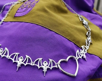 Heart full of Bats Necklace //Bat Chain Heart Choker