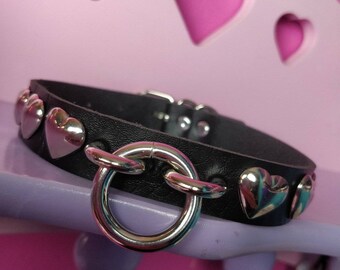 Heart choker// o ring choker // goth faux leather with heart studs// punk kawaii kitsch harajuku pastel goth// Black or Baby Pink