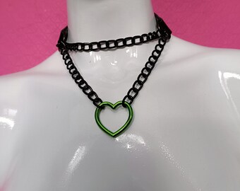 Heart Chain Choker- Choke Chain Version!! Green Heart, Black Faux Leather