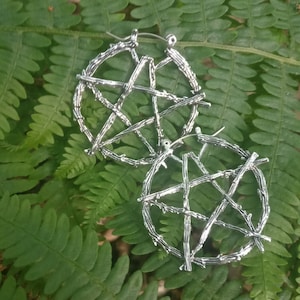 Rustic Pentagram Branch Hoop Earrings/ Nature Goth Pagan Witch Silver