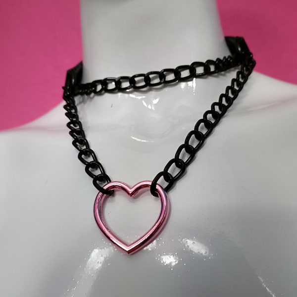Heart Chain Choker- Choke Chain Version!! Pink Heart, Black Faux Leather