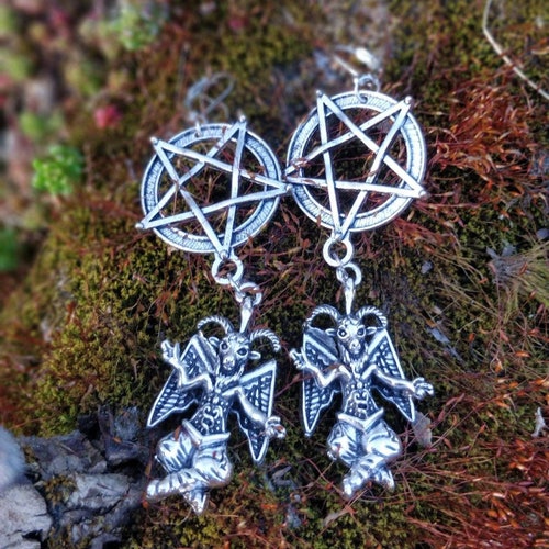 Rustic Pentagram Branch Hoop Earrings Nature Goth Pagan Witch Silver