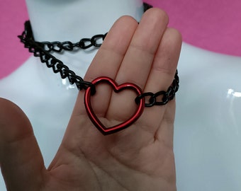 Heart Chain Choker- Choke Chain Version!! Red Heart, Black Faux Leather