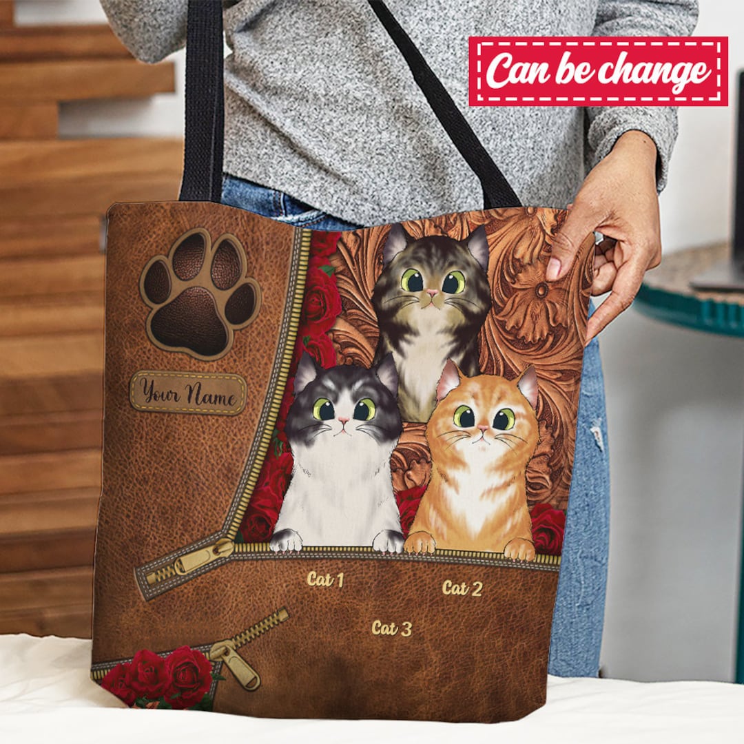 Personalized Zipper and Rose Cat Tote Bag Cat Handbag