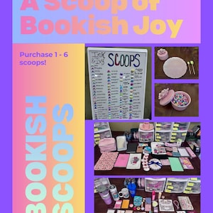May include: A promotional image for "Ink & Ivy Bookish SCOOPS" featuring a variety of book-themed items. The image includes a sign with a list of items, small decorative containers, and a collection of notebooks, accessories, and trinkets. Text on the image reads "A Scoop of Bookish Joy."