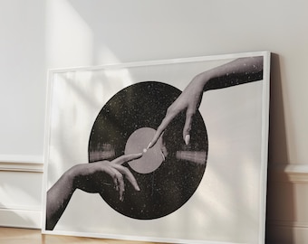 Konsttryck med händer på vinylskivor, svartvitt modefoto