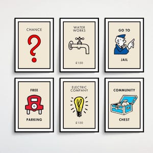 Monopoly Prints, New Home Gift, House Warming Present, Hallway Gallery Wall, Free Parking, Go To Jail, Chance, Water Works, Games Room Decor