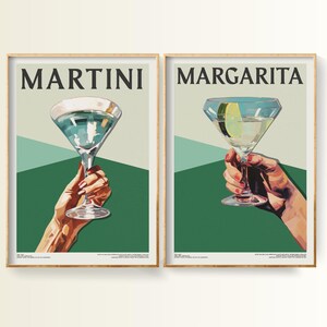 Set di 2 stampe di cocktail, stampa di Dirty Martini, stampa di Margarita, stampe di bar di metà secolo, parete galleria della cucina, poster dell'Happy Hour, senza cornice A3