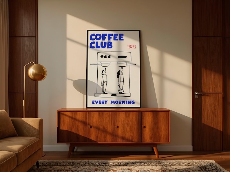 Coffee Club Art Print, Funny Espresso Poster, Blue Kitchen Décor, Café Wall Art image 4