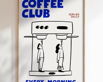 Coffee Club-print: leuke doodle-espressoposter, cafémuurkunst (digitale download)