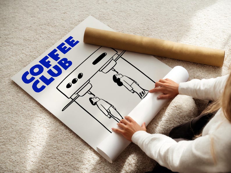 Coffee Club Art Print, Funny Espresso Poster, Blue Kitchen Décor, Café Wall Art image 2