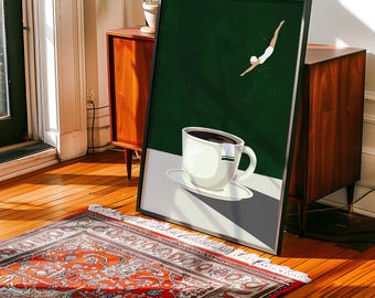 Coffee Dive Art Print: Forest Green Kitchen Decor, Modern Cafe Poster