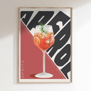 Pink Aperol Spritz Cocktail Print, Kitchen Wall Art, Mixology Poster, Retro Bar Cart Sign, Mid-Century Home Decor, Classic Cocktails Recipe