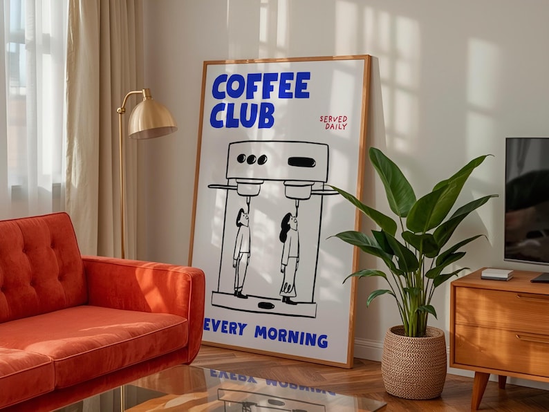 Coffee Club Art Print, Funny Espresso Poster, Blue Kitchen Décor, Café Wall Art image 6
