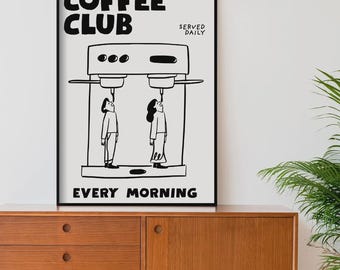 Coffee Club-print, zwart-witte lijntekeningen, muurdecoratie keukencafé (digitale download)