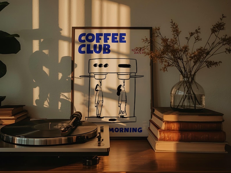 Coffee Club Art Print, Funny Espresso Poster, Blue Kitchen Décor, Café Wall Art image 9