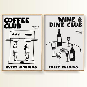 Set di 2 stampe da cucina, Coffee Club, Wine Club, arte murale per sala da pranzo, stampa disegnata a mano, poster scarabocchiati, arredamento per bar di casa, opera d'arte senza cornice